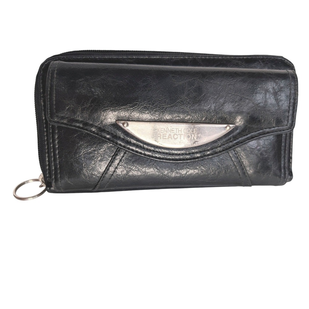 Kenneth Cole Reaction Black Wallet Faux Leather Zip Around Credit Card Organizer
